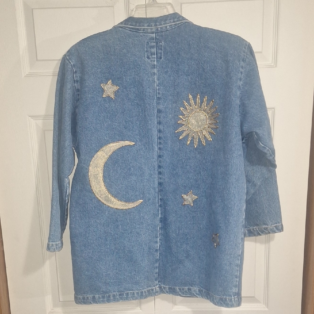 Vintage Sunbelt Denim Jean Jacket -Painted Gold Celestial Design -L- Blue / Gold - Picture 11 of 11